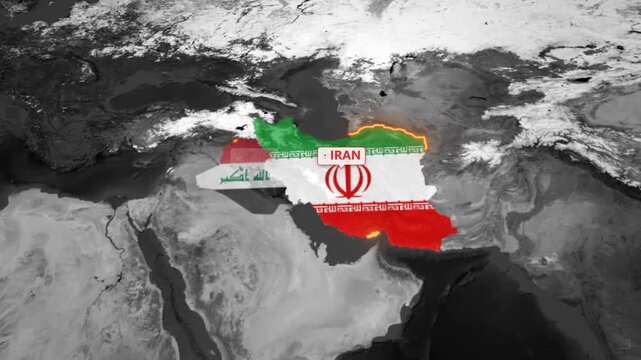 Animated map of iran and iraq border conflict and geopolitical relations with glowing country borders and national flags