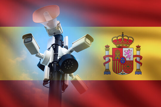 Public security. Video surveillance cameras and loudspeaker system monitor public spaces in Spain, supporting safety, security control and emergency alerts.