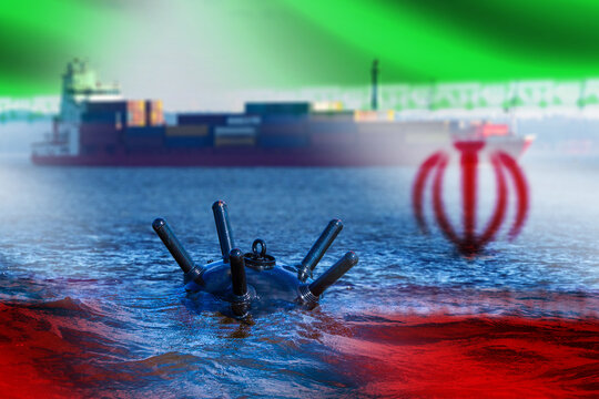 Maritime security. Naval mine in waters near a cargo ship represents shipping risks, sea route threats and geopolitical tensions involving Iran.