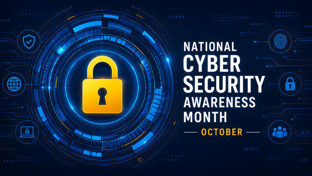 Glowing gold padlock inside HUD circuit board with National Cyber Security Awareness Month text. October data protection and safety banner vector concept. Ideal for privacy campaign headers.