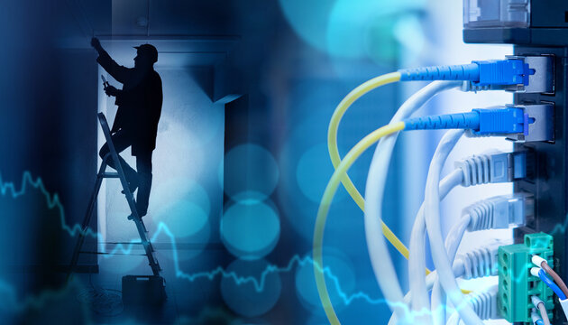 Telecommunications maintenance. Technician installs and services network cabling while data connections and communication infrastructure are monitored.