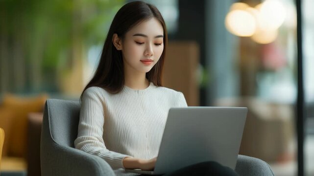 Young woman sits calmly using laptop. Soft light enhances peaceful atmosphere. Cozy chair and blurred background create depth. Neutral tones reflect quiet concentration