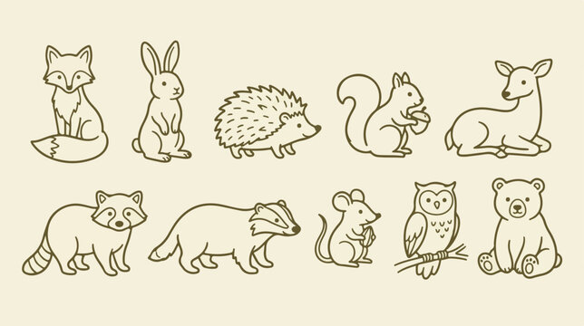 Minimalist woodland animal line art collection, 10 forest creature vector icons, cute hand drawn wildlife illustrations for nursery decor