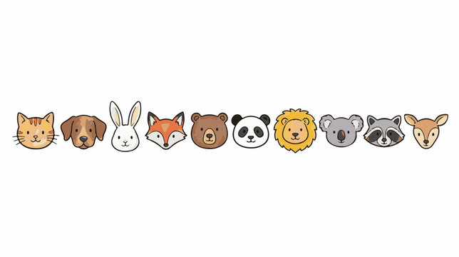 Cute animal avatar set with 10 cartoon faces. Minimalist wildlife character icons for kids. Flat vector animal head collection.