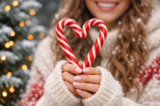 Smiling woman holding two candy canes shaped as a heart for christmas background and holiday banner design with cozy winter sweater and festive lights