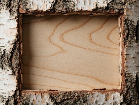 Birch bark border frames smooth wood panel. Natural frame creates rustic, organic background texture. Rough bark contrasts with clean wood grain for design.