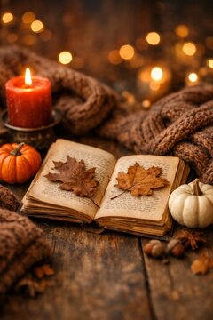 Open vintage book with dried autumn leaves, pumpkins and candle for cozy thanksgiving background and rustic fall wallpaper and banner design