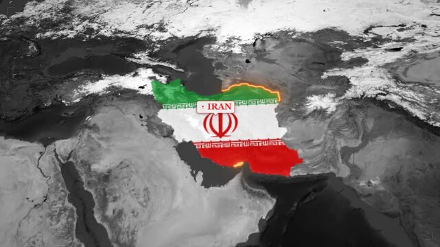 Animated map of iran with national flag overlay and glowing border for geopolitical news, documentary, and global business presentations