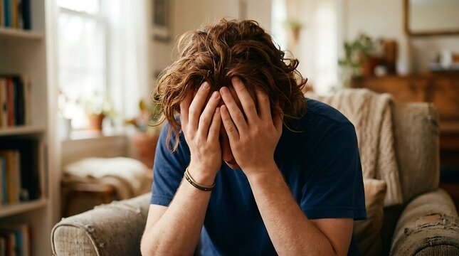 Stressed young man sitting with head in hands at home