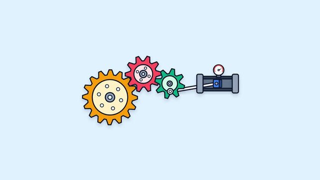 Seamless interlocking mechanical gears and hydraulic piston mechanism working together in a smooth flat vector motion graphic