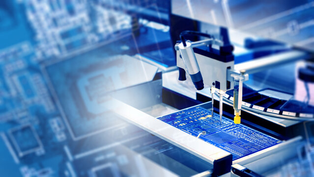 Electronics manufacturing. Automated machine assembles and tests printed circuit boards for semiconductor, computer hardware and industrial electronics production.