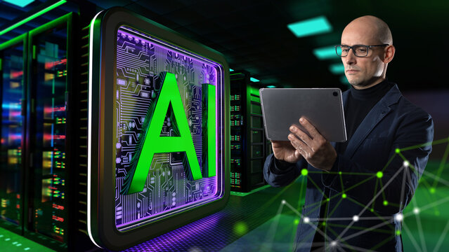 AI data center management. IT specialist uses a tablet to monitor artificial intelligence servers, computing infrastructure, networks and digital systems.