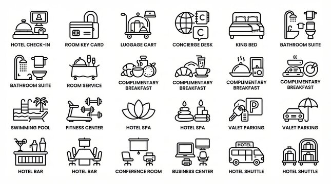 Set of black and white hotel services and amenities line icons