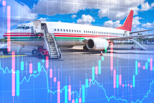 Aviation market. Passenger aircraft at an airport with financial charts represents airline business, aviation investment, market trends and economic performance.