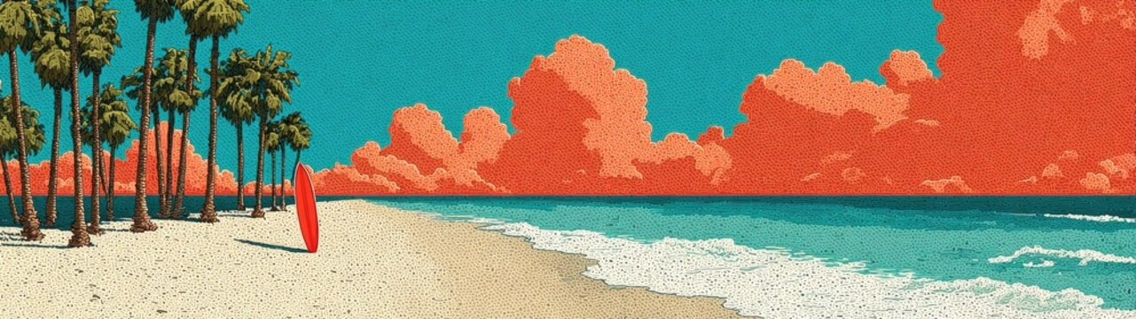 Bright textured beach scene: palm trees, red surfboard, waves, orange clouds. Ideal for travel ads, posters, web design, or vibrant summer projects.