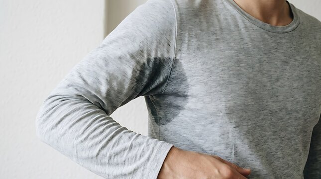 Person wearing a grey longsleeved shirt with visible underarm sweat