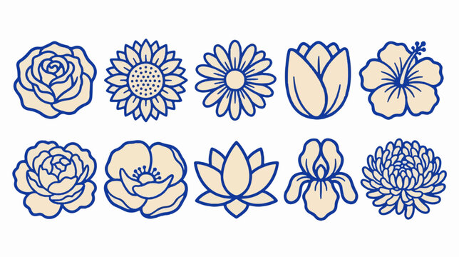 Minimalist floral line art icons, set of 10 botanical flower vectors, elegant blue and beige blossom illustrations for branding and wedding stationery