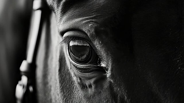 A detailed view of a horse's eye, showcasing its intricate structures and color variation. This captures the essence of equine beauty.