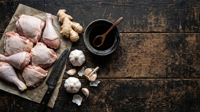Asian rustic culinary layout with raw poultry ginger and soy sauce with copy space