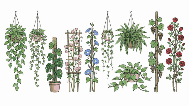 Hand-drawn climbing plants and hanging baskets collection, 10 botanical garden illustrations, floral trellis and vine vector set