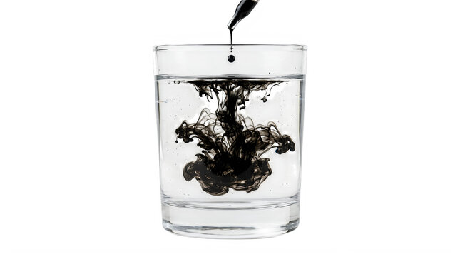 Glass with black ink swirling in clear water effect transparent background