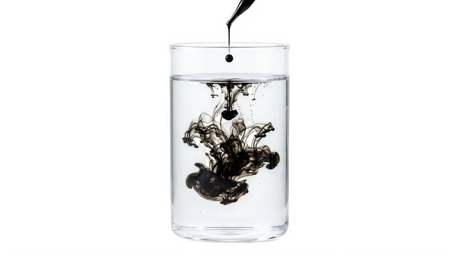 Ink swirling in clear glass container with dropper creating abstract liquid art transparent background