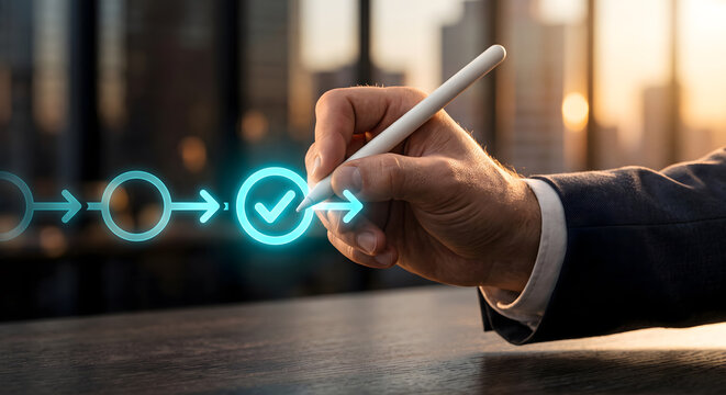 Businessman hand uses digital stylus writing progress checkmark icon on glowing virtual interface office background view.