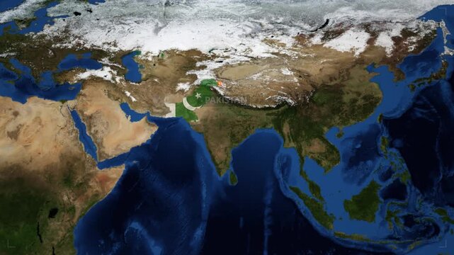 Animated map of south asia highlighting india and pakistan borders for geopolitical news and documentary