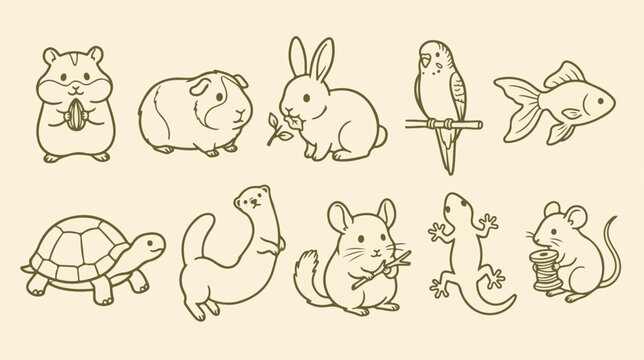 Vintage line art pet collection, 10 hand drawn animal icons. Retro sketch of domestic pets, minimalist vector illustrations for pet shop branding.