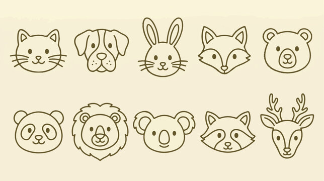 Minimalist animal head icons, 10 cute line art pet and wildlife avatars, brown outline vector set for nursery branding