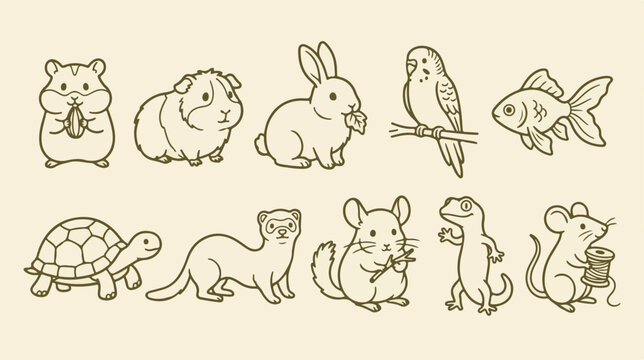 Vintage line art pets collection, 10 hand drawn animal vector icons, retro pet shop illustrations for veterinary branding