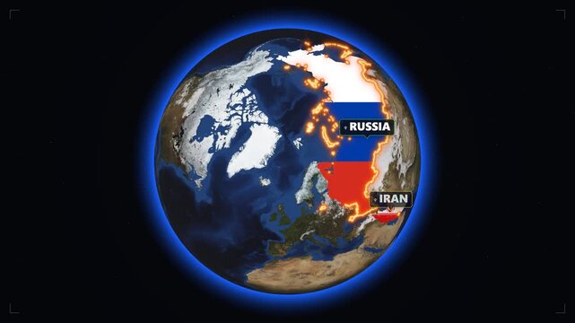 Global geopolitical map animation highlighting russia and iran relations with glowing borders and country flags on earth globe