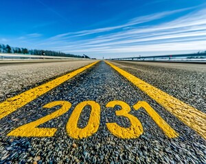 Obraz premium Asphalt Road Surface With Yellow Number 2031 Painted On Lane Concept Of Future Planning Road Ahead