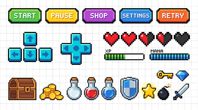 Pixel game icon. Retro video games element, arcade UI button, digital console 8-bit interface, pixels heart, bomb, star, menu buttons controller item. Vector set