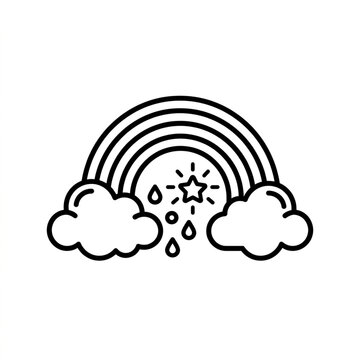 Natural weather phenomenon featuring a multicolor arc spanning across fluffy cumulus formations with rainfall droplets and a bright shining star icon representing atmospheric changes in the