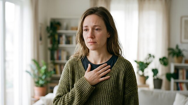Sad and emotional woman feeling overwhelmed and crying at home