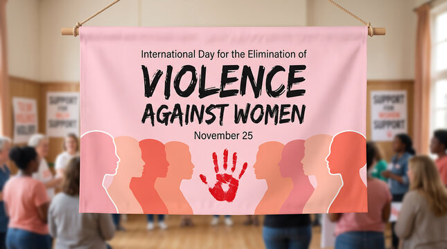 Banner for International Day for the Elimination of Violence Against Women featuring pink profiles and handprint