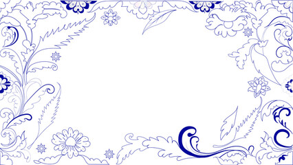 Fototapeta premium Ottoman style, Teship, Saz leaf, Acanthus frame, seamless pattern, botanical blue, with copy space, cosmetic packaging, natural background.