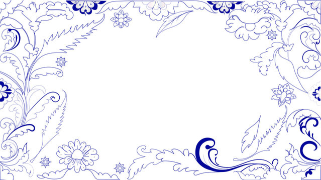 Ottoman style, Teship, Saz leaf, Acanthus frame, seamless pattern, botanical blue, with copy space, cosmetic packaging, natural background.