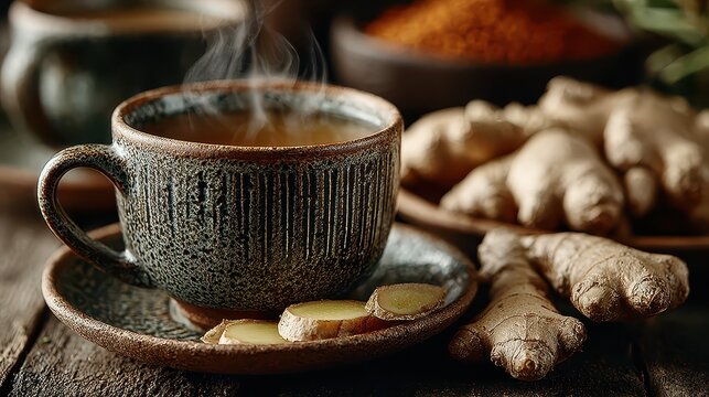 Warm herbal tea cup with fresh ginger root slices and steaming hot beverage in rustic setting