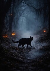 Obraz premium Eerie forest with black cat.