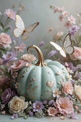 Obraz premium Whimsical pastel pumpkin adorned with delicate hearts and floral vines. White butterflies with gold accents flutter around soft pastel flowers. A dreamy, romantic autumn scene.