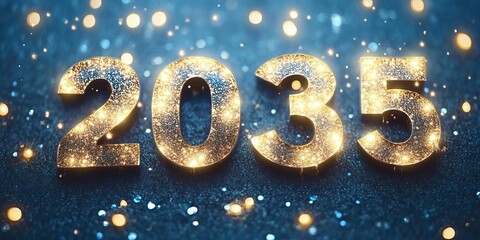 Fototapeta premium Sparkling Golden 2035 New Year Celebration Text Banner with Luminous Shimmering Background Design