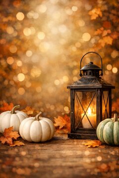 Antique lantern with white pumpkins and autumn leaves for warm thanksgiving background and rustic fall poster or seasonal wallpaper and harvest decor