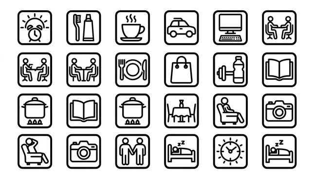 Set of simple daily routine icons and lifestyle activities in black line style