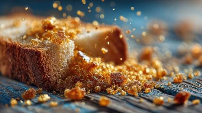 Close-up of a freshly baked crumble dessert with caramelized fruit filling and crispy streusel topping