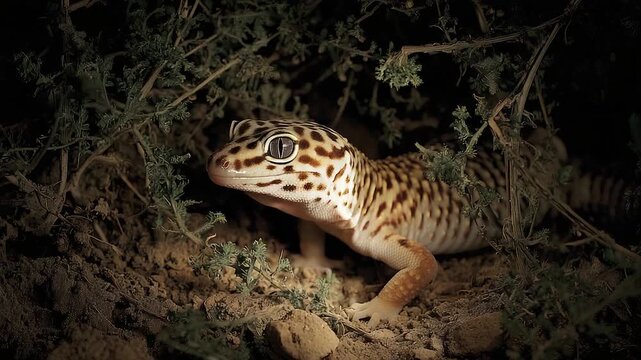 A close-up of a leopard gecko peeking through foliage in a dimly lit environment
