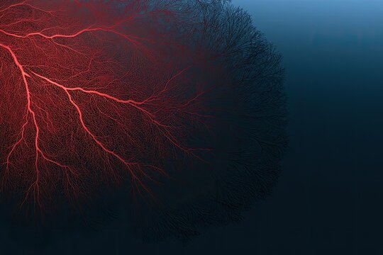Close-up of a glowing red network of branching structures against a dark blue gradient