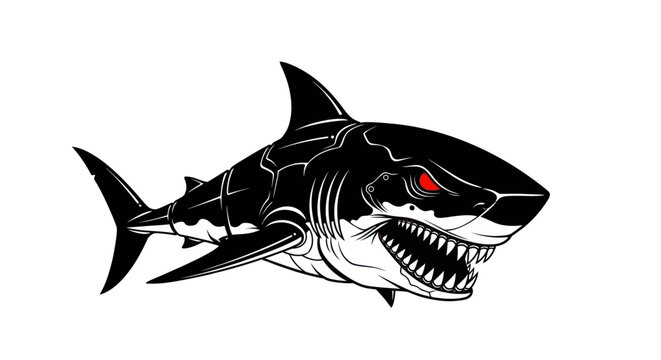 Fierce shark illustration with red eyes.