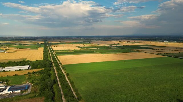 Aerial View of Vast Agricultural Fields and Farmland near Plovdiv, Bulgaria